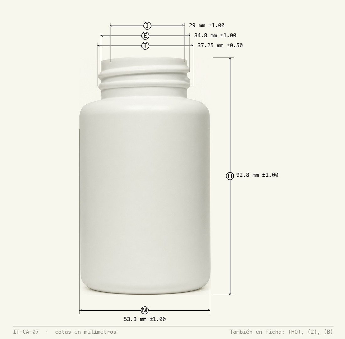 Plano de cotas de Frasco Pastillero 150 mL 16.5g Polietileno