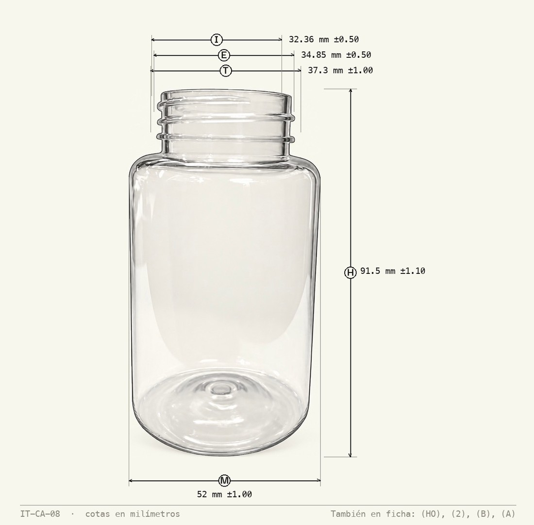 Plano de cotas de Frasco Pastillero 150 mL PET con Anillo R-38