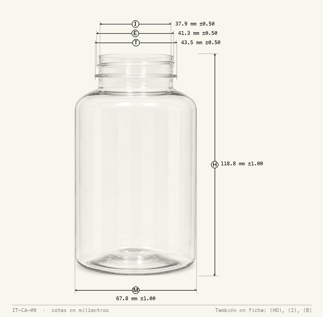 Plano de cotas de Frasco Pastillero 300 mL PET