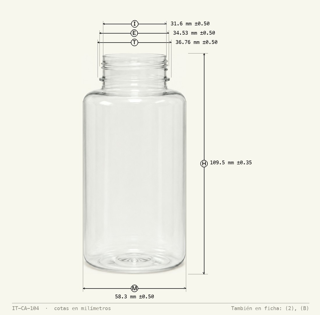 Plano de cotas de Frasco Pastillero 200 mL 23.2g R-38