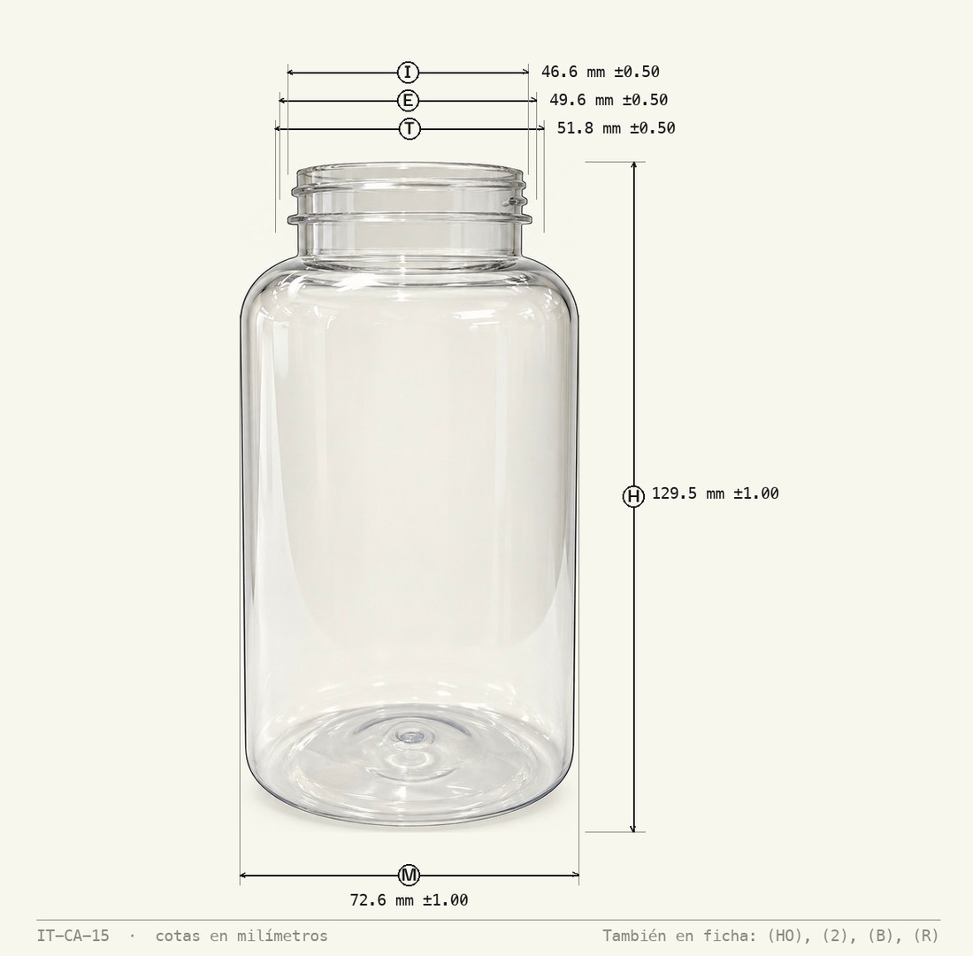 Plano de cotas de Frasco Pastillero 400 mL PET