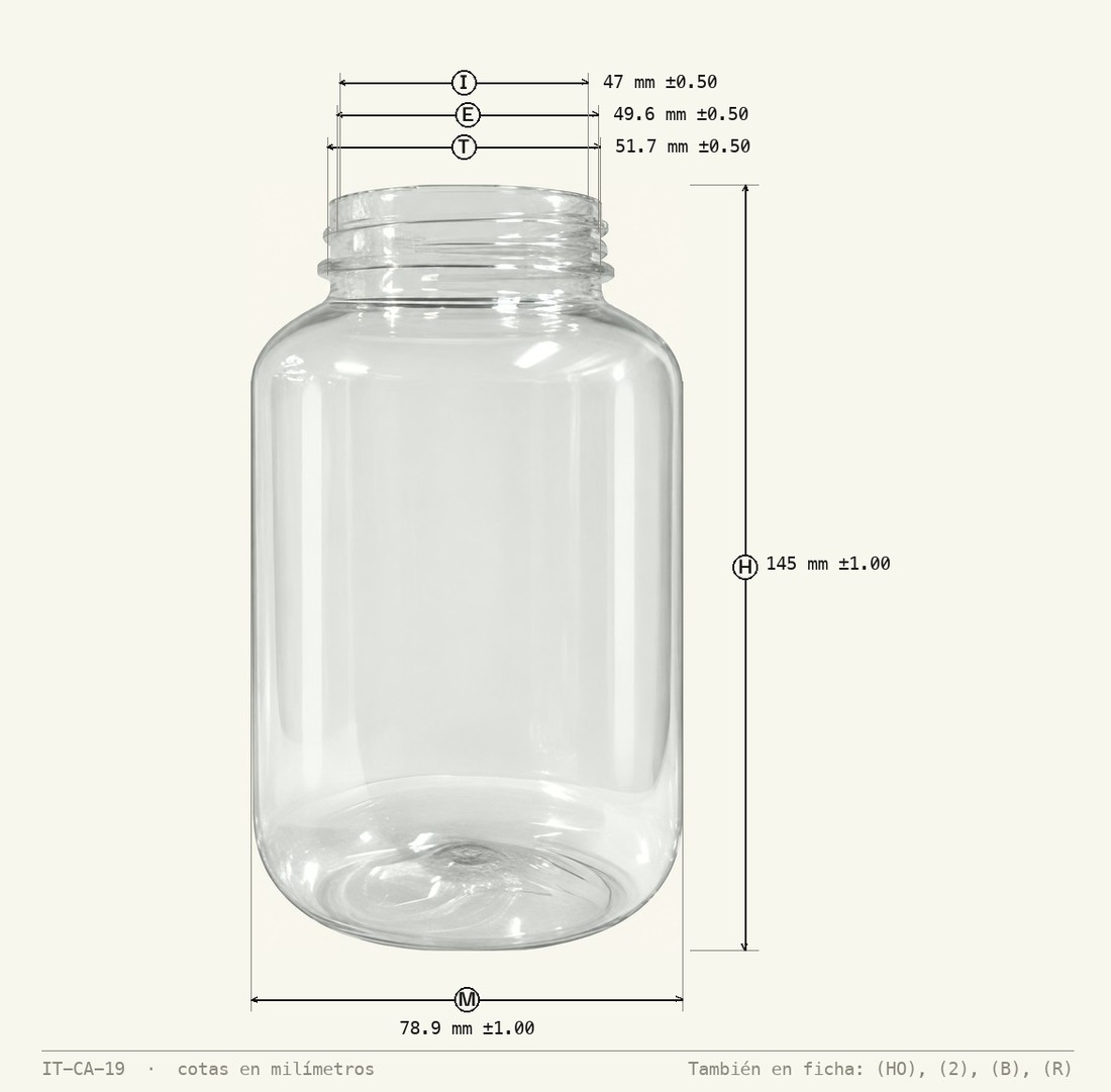 Plano de cotas de Frasco Pastillero 500 mL PET