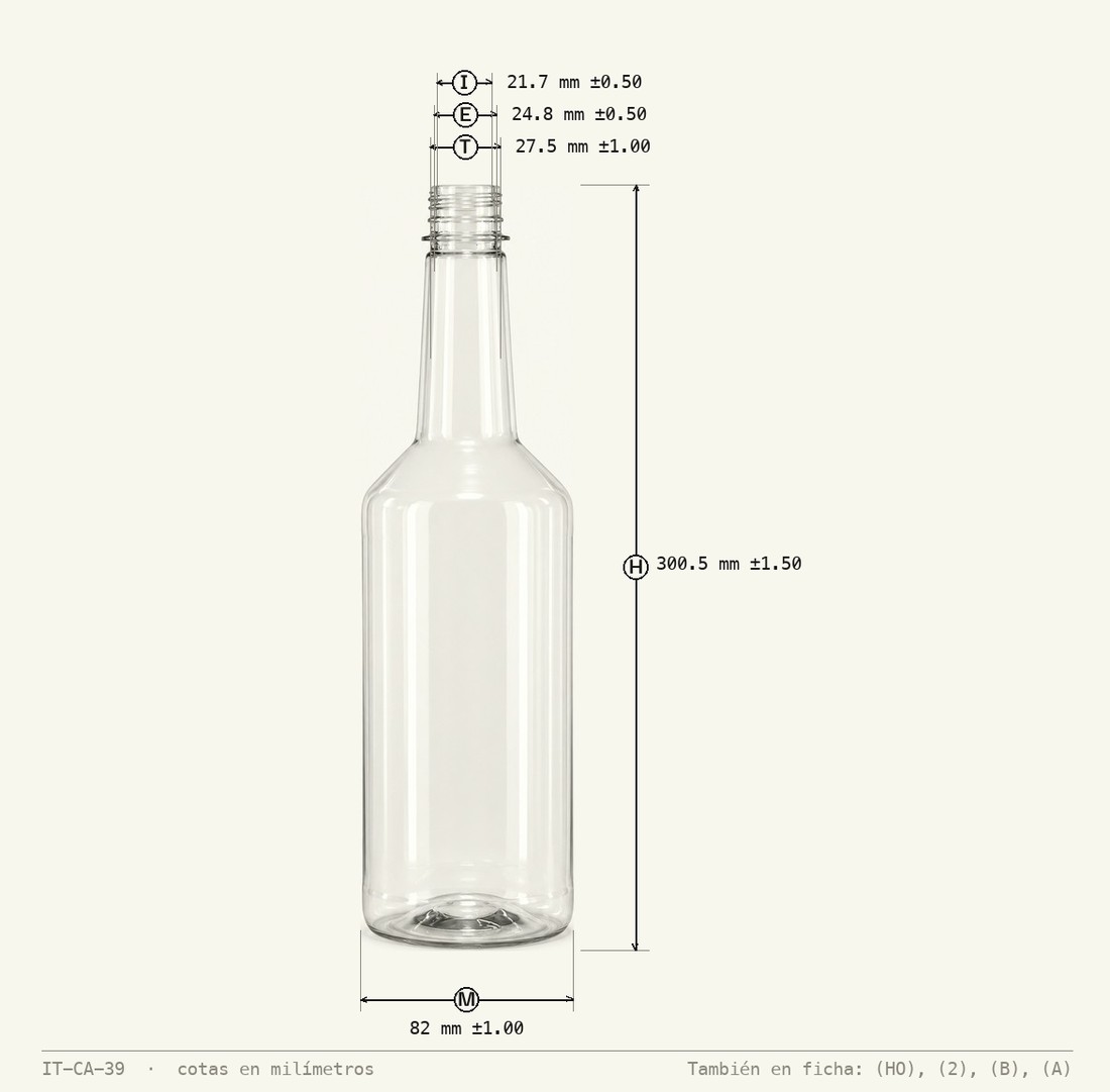 Plano de cotas de Botella Whiskera 1000 mL R-28