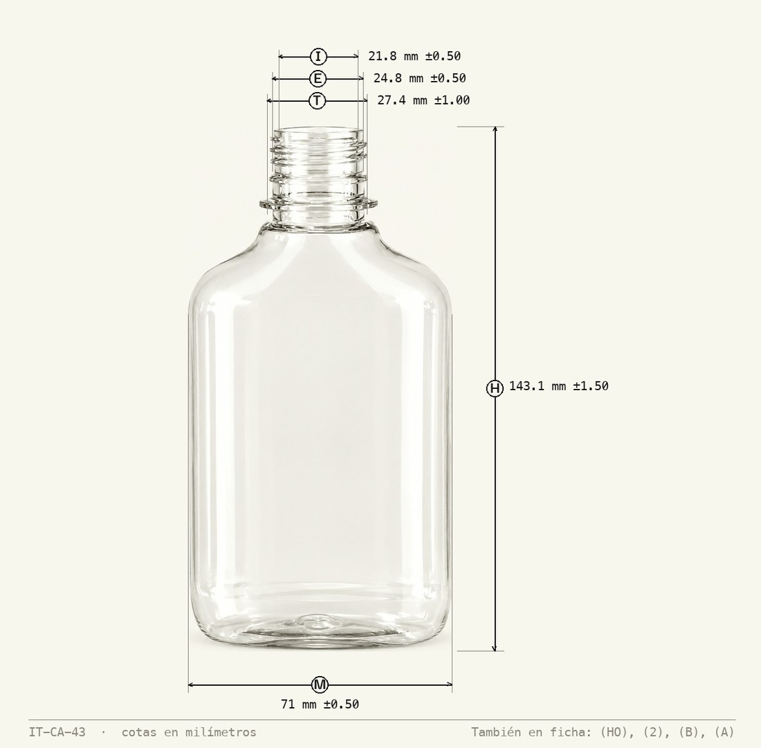 Plano de cotas de Botella Tequilera (pachita) 225 mL R-28