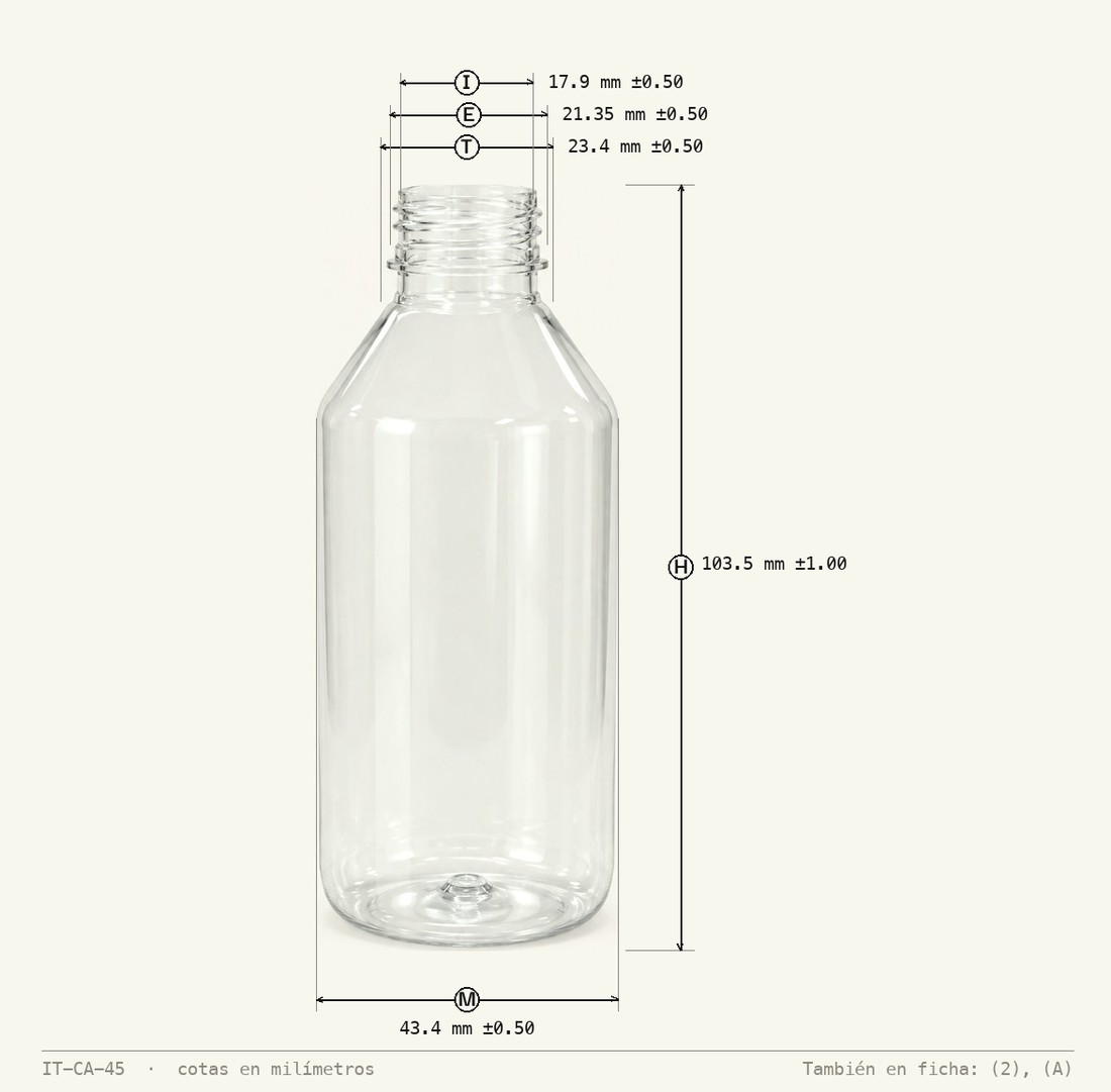 Plano de cotas de Envase para Sanitizante Jarabe 100 mL R-24
