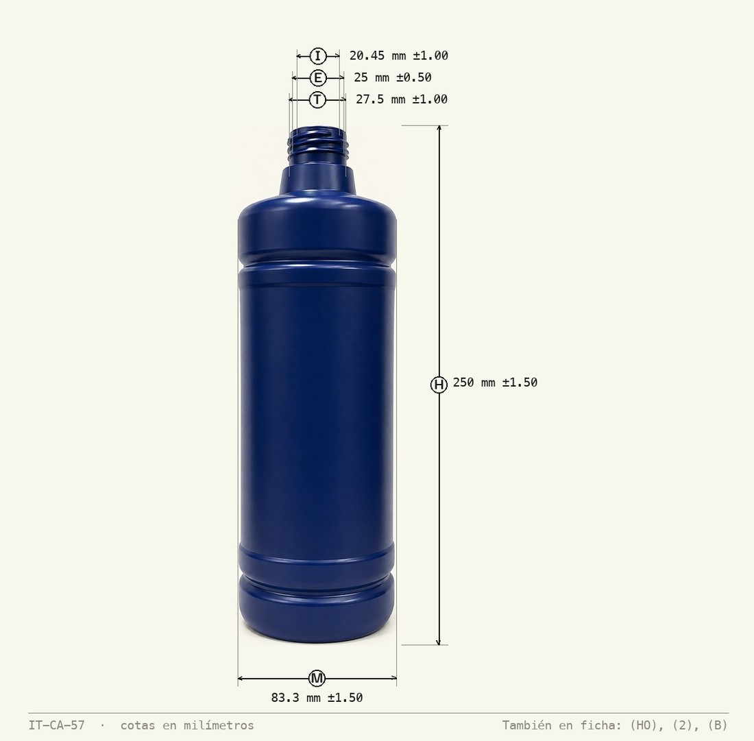 Plano de cotas de Envase para Agua Oxigenada 1000 mL R-28