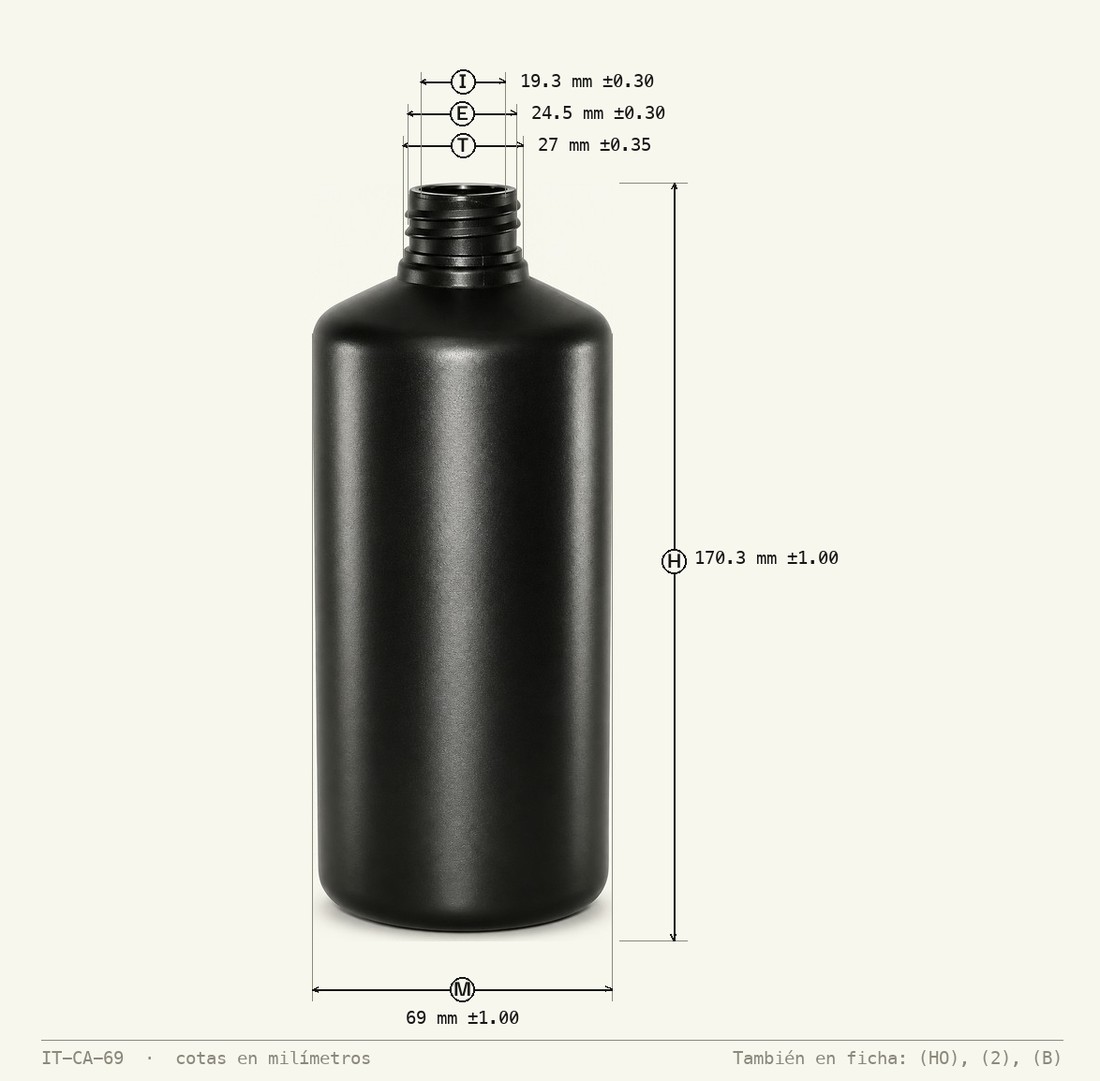 Plano de cotas de Envase para Shampoo 500 mL R-28